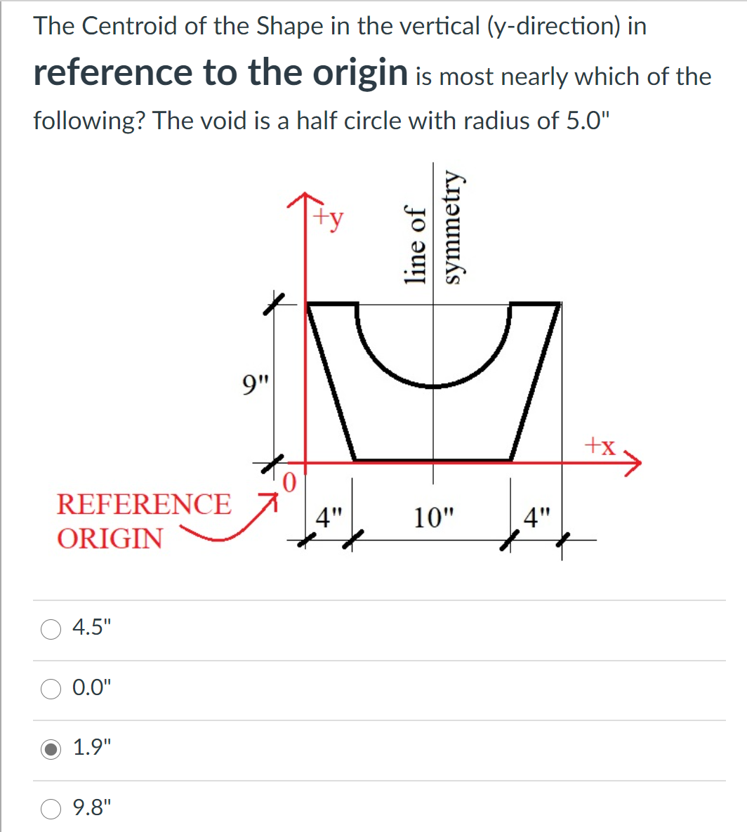 The Centroid of the Shape in the vertical (y-direction) in
reference to the origin is most nearly which of the
following? The void is a half circle with radius of 5.0"
+y
9"
+x
REFERENCE
4"
10"
4"
ORIGIN
4.5"
0.0"
1.9"
9.8"
line of
symmetry
