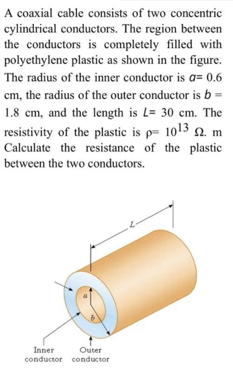A coaxial cable consists of two concentric
cylindrical conductors. The region between
the conductors is completely filled with
polyethylene plastic as shown in the figure.
The radius of the inner conductor is a= 0.6
cm, the radius of the outer conductor is b =
1.8 cm, and the length is L= 30 cm. The
resistivity of the plastic is p= 1013 n. m
Calculate the resistance of the plastic
between the two conductors.
Inner
Outer
conductor
conductor
