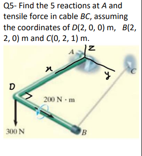 Q5- Find the 5 reactions at A and
tensile force in cable BC, assuming
the coordinates of D(2, 0, 0) m, B(2,
2, 0) m and C(0, 2, 1) m.
D
200 N m
300 N
B
