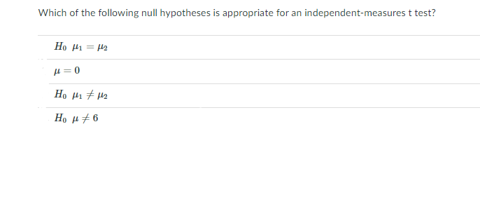 Which of the following null hypotheses is appropriate for an independent-measures t test?
Ho Pi = P2
H = 0
H μ#6.
