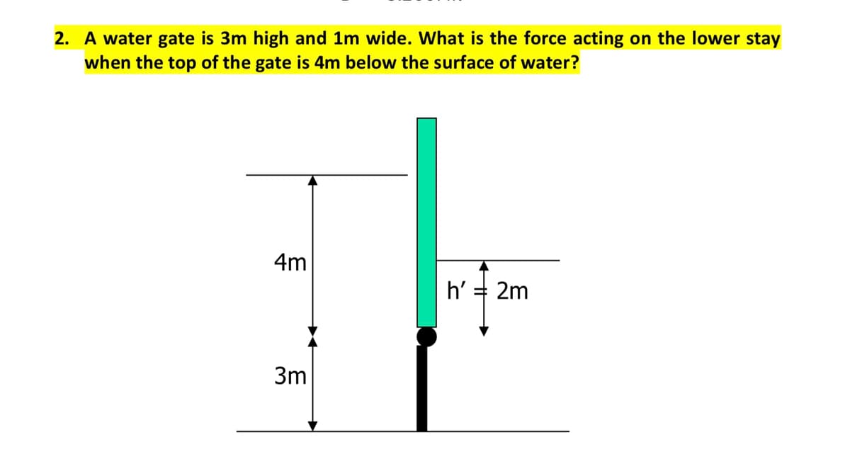 2. A water gate is 3m high and 1m wide. What is the force acting on the lower stay
when the top of the gate is 4m below the surface of water?
4m
h'
2m
3m
