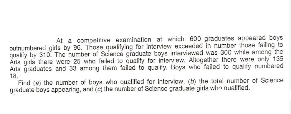 At a competitive examination at which 600 graduates appeared boys
outnumbered girls by 96. Those qualifying for interview exceeded in number those failing to
qualify by 310. The number of Science graduate boys interviewed was 300 while among the
Arts girls there were 25 who failed to qualify for interview. Altogether there were only 135
Arts graduates and 33 among them failed to qualify. Boys who failed to qualify numbered
18.
Find (a) the number of boys who qualified for interview, (b) the total number of Science
graduate boys appearing, and (c) the number of Science graduate girls whn qualified.
