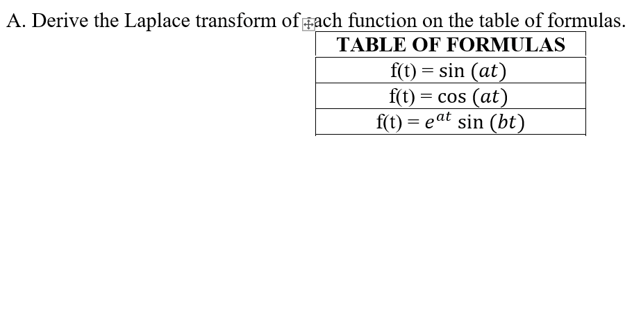 A. Derive the Laplace transform of gach function on the table of formulas.
TABLE OF FORMULAS
f(t) = sin (at)
f(t) = cos (at)
f(t) = eat sin (bt)
