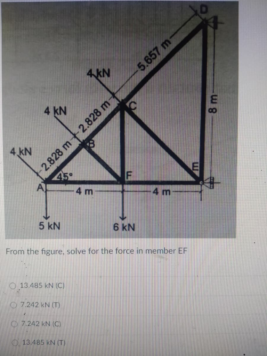 4 kN
5.657 m
4 kN
3.
8.
4 kN
45°
4 m
4 m
5 kN
6 kN
From the figure, solve for the force in member EF
13.485 kN (C)
07.242 kN (T)
07.242kN (C)
13.485 kN (T)
2.828 m2.828 m-
