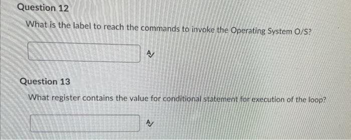 Question 12
What is the label to reach the commands to invoke the Operating System O/S?
Question 13
What register contains the value for conditional statement for execution of the loop?
