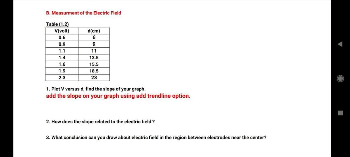 B. Measurment of the Electric Field
Table (1.2)
V(volt)
d(cm)
0.6
0.9
9.
1.1
11
1.4
13.5
1.6
15.5
1.9
18.5
2.3
23
1. Plot V versus d, find the slope of your graph.
add the slope on your graph using add trendline option.
2. How does the slope related to the electric field ?
3. What conclusion can you draw about electric field in the region between electrodes near the center?
