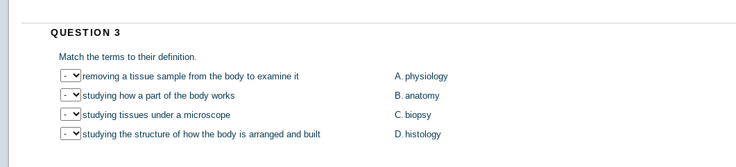 QUESTION 3
Match the terms to their definition.
v removing a tissue sample from the body to examine it
A. physiology
v studying how a part of the body works
B. anatomy
v studying tissues under a microscope
C. biopsy
- vstudying the structure of how the body is arranged and built
D. histology
