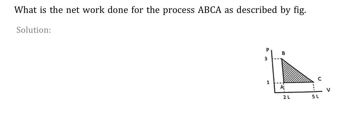 What is the net work done for the process ABCA as described by fig.
Solution:
B
1
A
2L
5L
