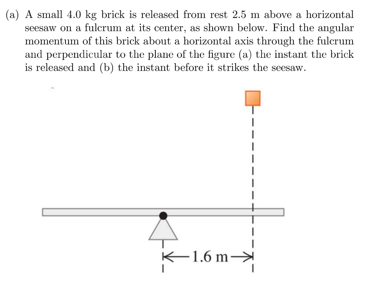 (a) A small 4.0 kg brick is released from rest 2.5 m above a horizontal
seesaw on a fulcrum at its center, as shown below. Find the angular
momentum of this brick about a horizontal axis through the fulcrum
and perpendicular to the plane of the figure (a) the instant the brick
is released and (b) the instant before it strikes the seesaw.
-1.6 m-