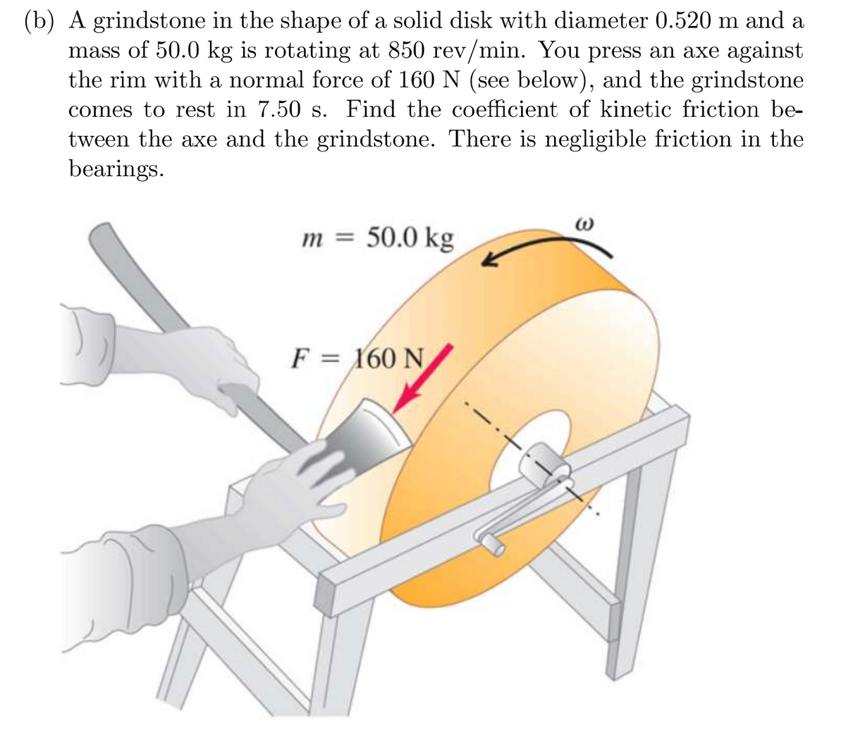 (b) A grindstone in the shape of a solid disk with diameter 0.520 m and a
mass of 50.0 kg is rotating at 850 rev/min. You press an axe against
the rim with a normal force of 160 N (see below), and the grindstone
comes to rest in 7.50 s. Find the coefficient of kinetic friction be-
tween the axe and the grindstone. There is negligible friction in the
bearings.
m = 50.0 kg
F = 160 N
