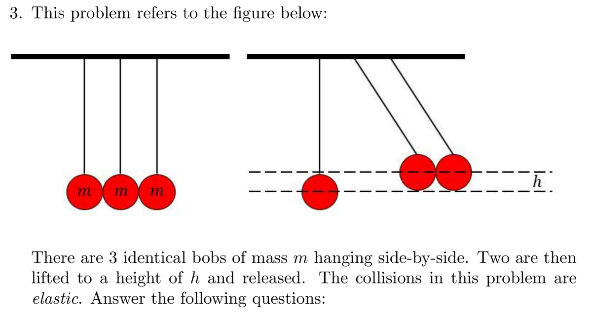 3. This problem refers to the figure below:
h
m
m
m
There are 3 identical bobs of mass m hanging side-by-side. Two are then
lifted to a height of h and released. The collisions in this problem are
elastic. Answer the following questions: