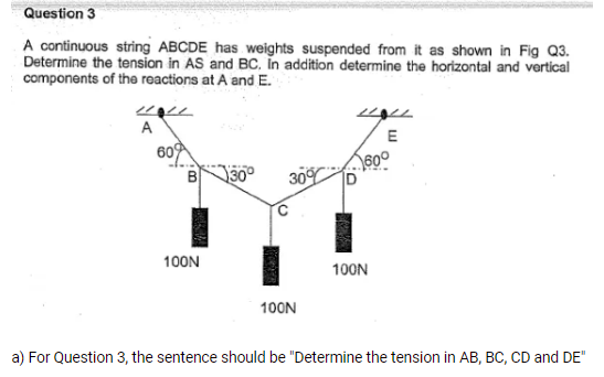 Question 3
A continuous string ABCDE has weights suspended from it as shown in Fig Q3.
Determine the tension in AS and BC. In addition determine the horizontal and vertical
components of the reactions at A and E.
HILL
A
609
B
100N
100N
E
600
100N
a) For Question 3, the sentence should be "Determine the tension in AB, BC, CD and DE"