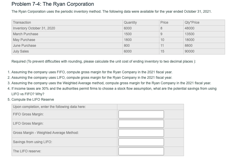 Problem 7-4: The Ryan Corporation
The Ryan Corporation uses the periodic inventory method. The following data were available for the year ended October 31, 2021.
Transaction
Quantity
Price
Qty"Price
Inventory October 31, 2020
6000
8.
48000
March Purchase
1500
9
13500
May Purchase
1800
10
18000
June Purchase
800
11
8800
July Sales
6000
15
90000
Required (To prevent difficulties with rounding, please calculate the unit cost of ending inventory to two decimal places ):
1. Assuming the company uses FIFO, compute gross margin for the Ryan Company in the 2021 fiscal year.
2. Assuming the company uses LIFO, compute gross margin for the Ryan Company in the 2021 fiscal year.
3. Assuming the company uses the Weighted Average method, compute gross margin for the Ryan Company in the 2021 fiscal year.
4. If income taxes are 30% and the authorities permit firms to choose a stock flow assumption, what are the potential savings from using
LIFO vs FIFO? Why?
5. Compute the LIFO Reserve
Upon completion, enter the following data here:
FIFO Gross Margin:
LIFO Gross Margin:
Gross Margin - Weighted Average Method:
Savings from using LIFO:
The LIFO reserve:
