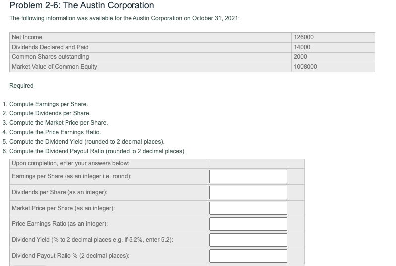 Problem 2-6: The Austin Corporation
The following information was available for the Austin Corporation on October 31, 2021:
Net Income
Dividends Declared and Paid
126000
14000
Common Shares outstanding
2000
Market Value of Common Equity
1008000
Required
1. Compute Earnings per Share.
2. Compute Dividends per Share.
3. Compute the Market Price per Share.
4. Compute the Price Earnings Ratio.
5. Compute the Dividend Yield (rounded to 2 decimal places).
6. Compute the Dividend Payout Ratio (rounded to 2 decimal places).
Upon completion, enter your answers below:
Earnings per Share (as an integer i.e. round):
Dividends per Share (as an integer):
Market Price per Share (as an integer):
Price Earnings Ratio (as an integer):
Dividend Yield (% to 2 decimal places e.g. if 5.2%, enter 5.2):
Dividend Payout Ratio % (2 decimal places):
