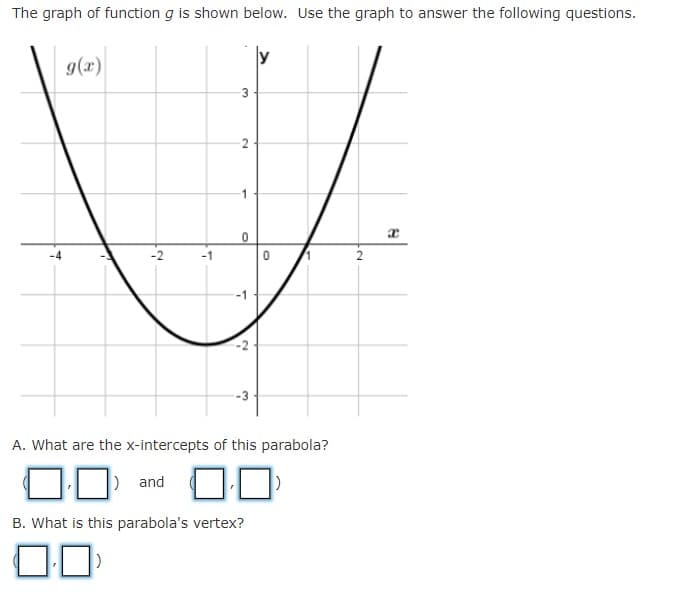 The graph of function g is shown below. Use the graph to answer the following questions.
g(x)
3
-2
-2
-1
-1
A. What are the x-intercepts of this parabola?
) and
B. What is this parabola's vertex?
1,
