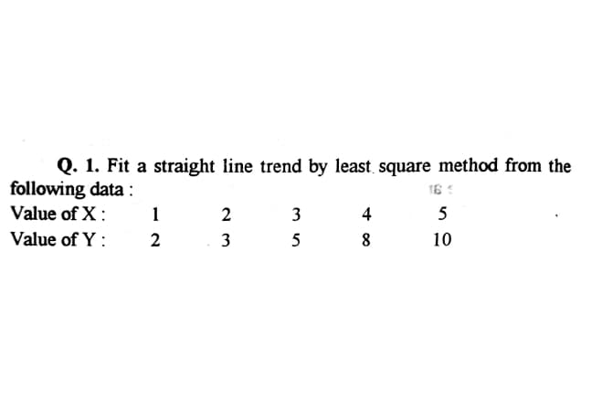 Q. 1. Fit a straight line trend by least square method from the
following data :
Value of X:
1
2
3
4
5
Value of Y :
3
5
8
10
