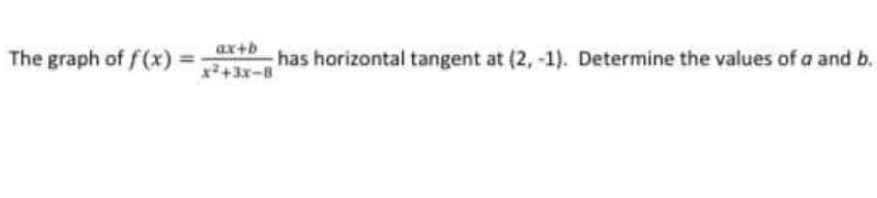 ax+b
The graph of f(x) =
has horizontal tangent at (2, -1). Determine the values of a and b.
