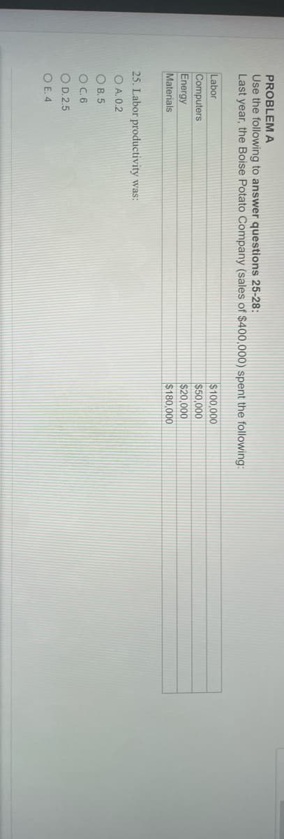 PROBLEM A
Use the following to answer questions 25-28:
Last year, the Boise Potato Company (sales of $400,000) spent the following:
Labor
Computers
Energy
Materials
25. Labor productivity was:
O A. 0.2
OB. 5
O C. 6
OD. 2.5
OE. 4
$100,000
$50,000
$20,000
$180,000
