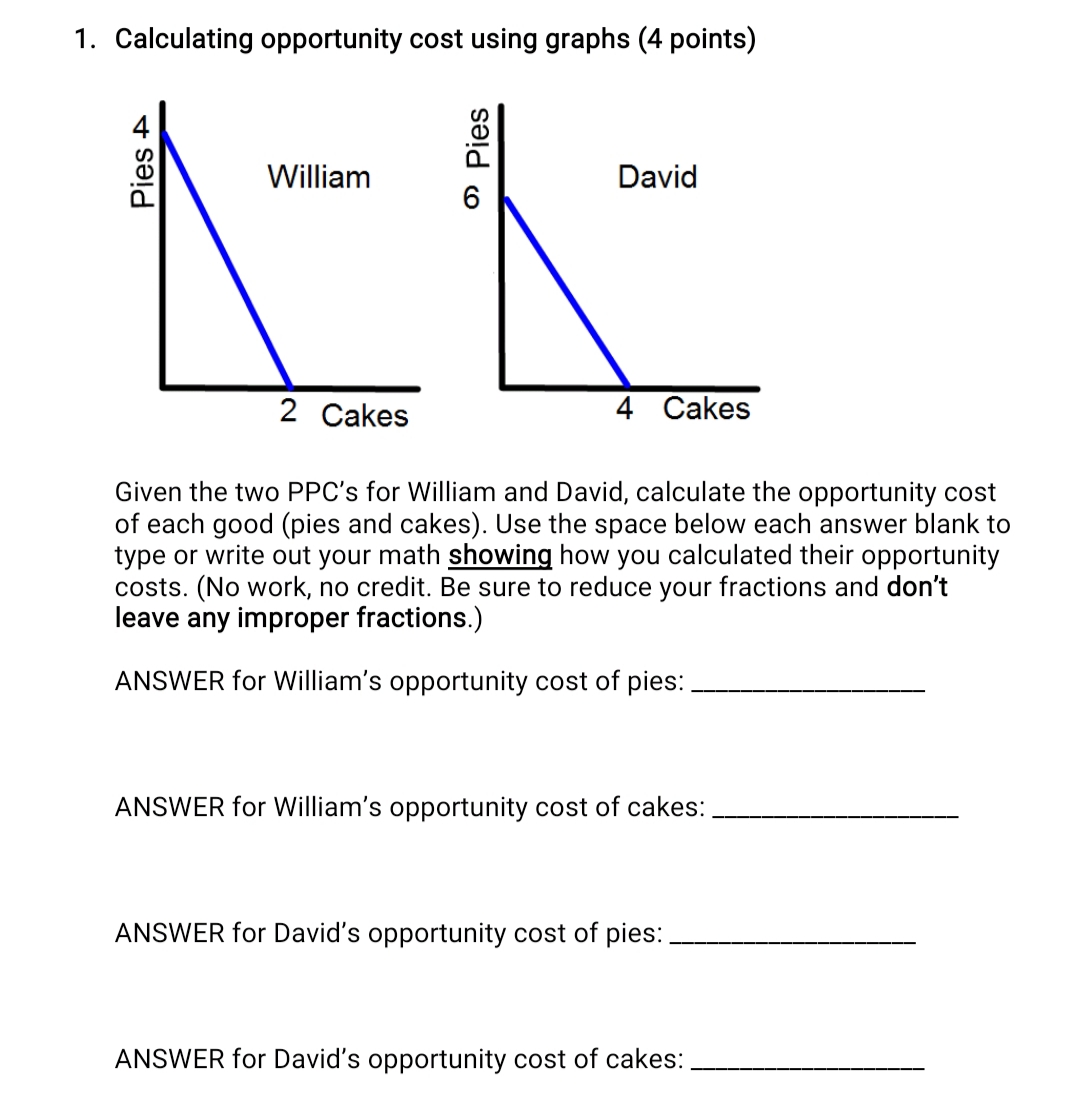 1. Calculating opportunity cost using graphs (4 points)
William
David
2 Cakes
4 Cakes
Given the two PPC's for William and David, calculate the opportunity cost
of each good (pies and cakes). Use the space below each answer blank to
type or write out your math showing how you calculated their opportunity
costs. (No work, no credit. Be sure to reduce your fractions and don't
leave any improper fractions.)
ANSWER for William's opportunity cost of pies:
ANSWER for William's opportunity cost of cakes:
ANSWER for David's opportunity cost of pies:
ANSWER for David's opportunity cost of cakes:
O Pies
