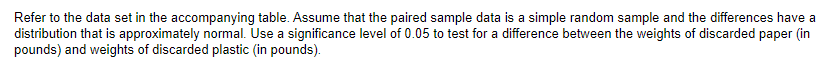 Refer to the data set in the accompanying table. Assume that the paired sample data is a simple random sample and the differences have a
distribution that is approximately normal. Use a significance level of 0.05 to test for a difference between the weights of discarded paper (in
pounds) and weights of discarded plastic (in pounds).