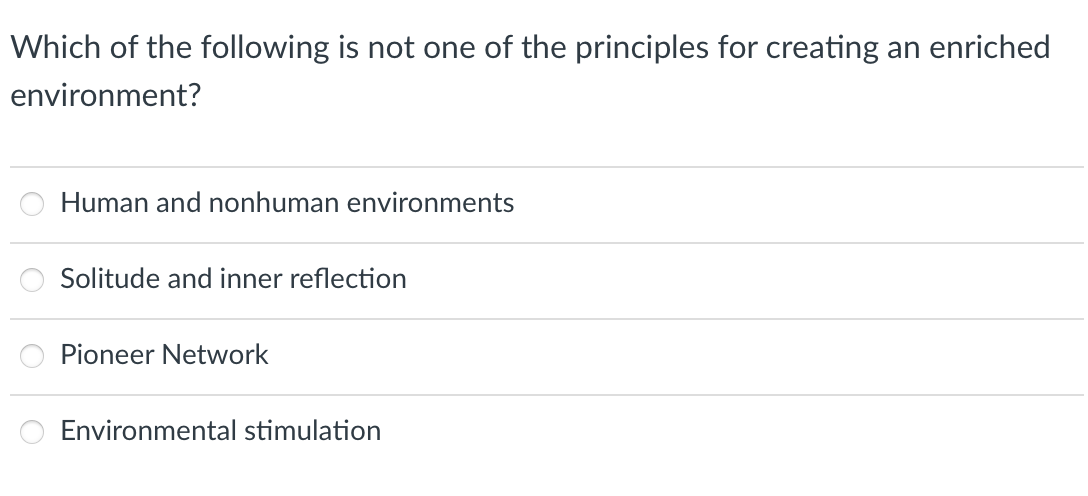 Which of the following is not one of the principles for creating an enriched
environment?
Human and nonhuman environments
Solitude and inner reflection
Pioneer Network
Environmental stimulation

