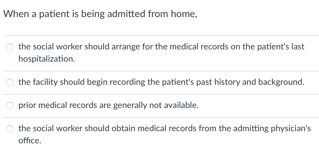When a patient is being admitted from home,
the social worker should arrange for the medical records on the patient's last
hospitalization.
the facility should begin recording the patient's past history and background.
prior medical records are generally not available.
the social worker should obtain medical records from the admitting physician's
office.
