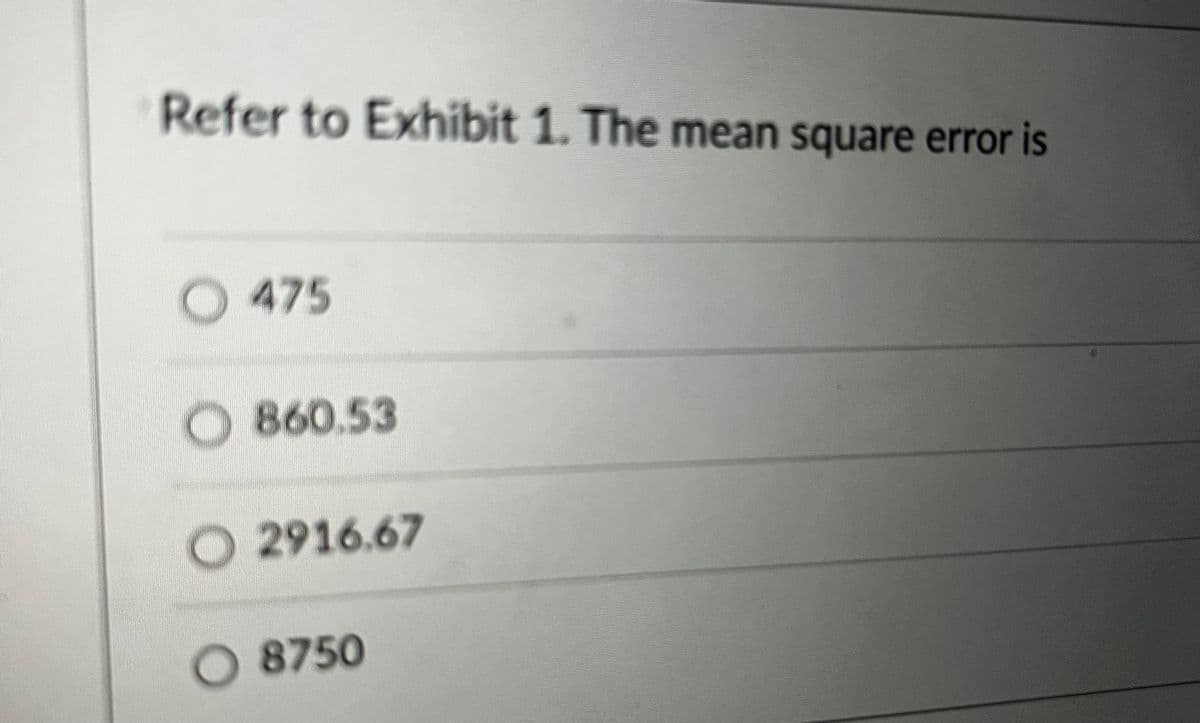 Refer to Exhibit 1. The mean square error is
O 475
860.53
2916.67
O8750