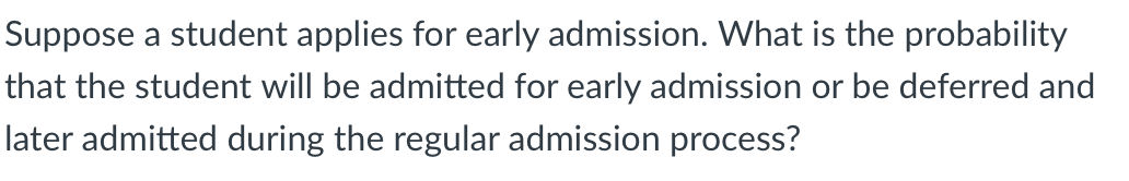 Suppose a student applies for early admission. What is the probability
that the student will be admitted for early admission or be deferred and
later admitted during the regular admission process?
