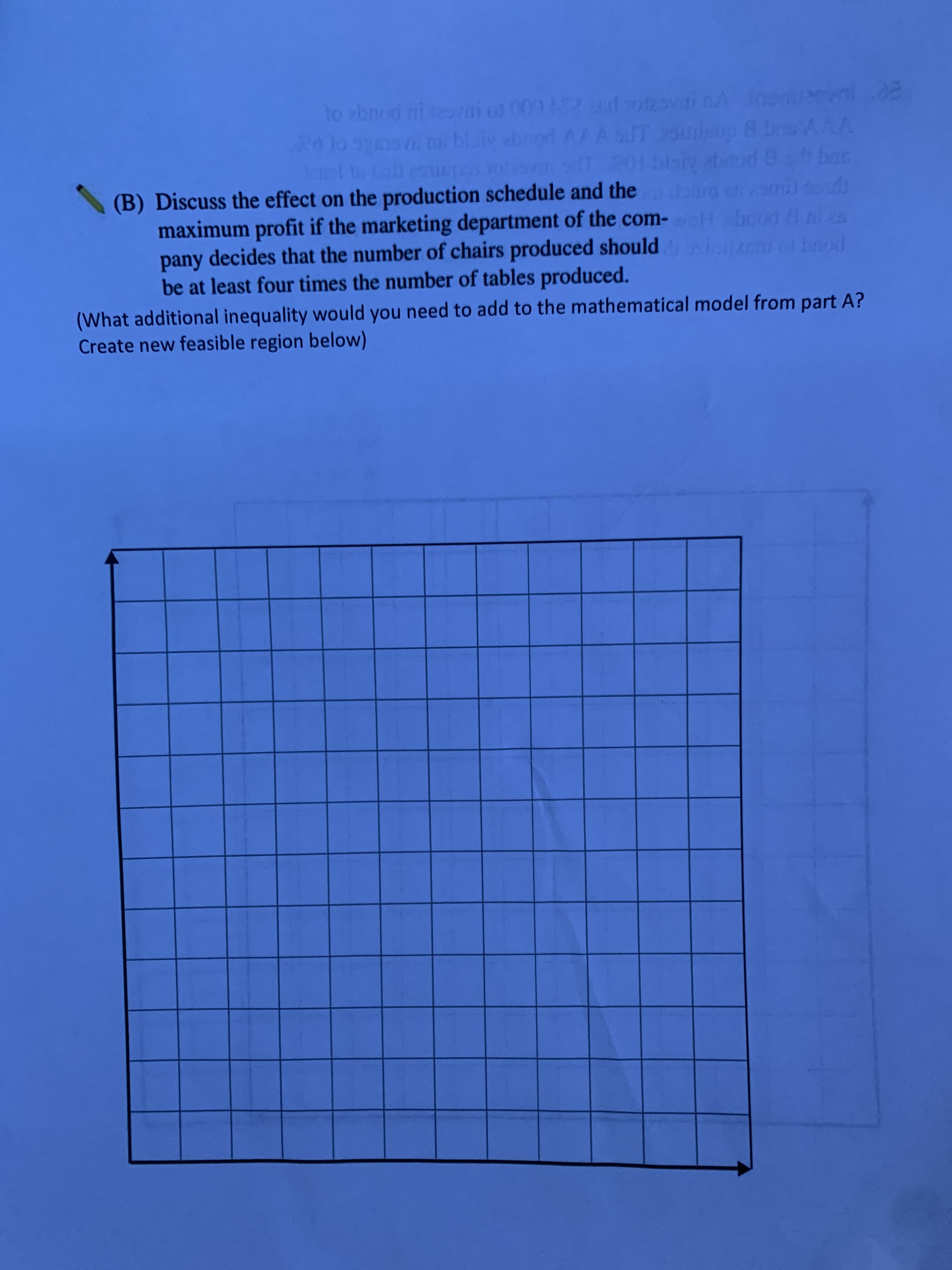 to ebnod ni leovai o 0007d ro2sviu
0lo ss na bloiv abrod
enel s Jah es
(B) Discuss the effect on the production schedule and the ra nsm dd
maximum profit if the marketing department of the com-Hbnod & ni a
pany decides that the number of chairs produced should iizem ol bnod
be at least four times the number of tables produced.
(What additional inequality would you need to add to the mathematical model from part A?
Create new feasible region below)
