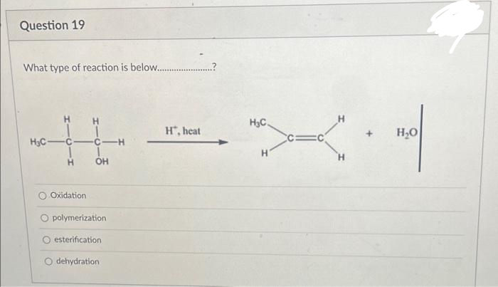 Question 19
What type of reaction is below........
H₂C-
C c
H
Oxidation
OH
O polymerization
O esterification
dehydration
H", heat
H₂C.
H
c=
H₂O