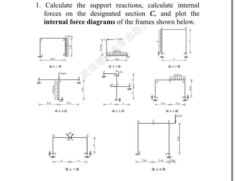 1. Calculate the support reactions, calculate internal
forces on the designated section C, and plot the
internal force diagrams of the frames shown below.
6m
RA 4.I M
湖4.3回
Pa
2ANm
y武汉理 出版
5 m
4.4图
4.5
4.6图
6 kN
D.
3 m
3 m
題4.7图
題4.8图
2 KN/
