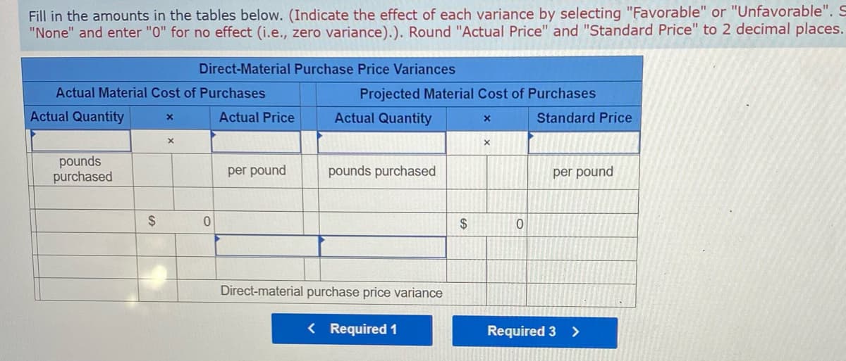 Fill in the amounts in the tables below. (Indicate the effect of each variance by selecting "Favorable" or "Unfavorable". S
"None" and enter "0" for no effect (i.e., zero variance).). Round "Actual Price" and "Standard Price" to 2 decimal places.
Direct-Material Purchase Price Variances
Actual Material Cost of Purchases
Projected Material Cost of Purchases
Actual Quantity
Actual Price
Actual Quantity
Standard Price
pounds
purchased
per pound
pounds purchased
per pound
2$
2$
Direct-material purchase price variance
< Required 1
Required 3 >
