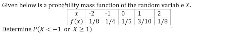 Given below is a probability mass function of the random variable X.
0
1/8 1/4 1/5 3/10
x -2 -1
f(x)
Determine P(X < -1 or X ≥ 1)
1 2
1/8