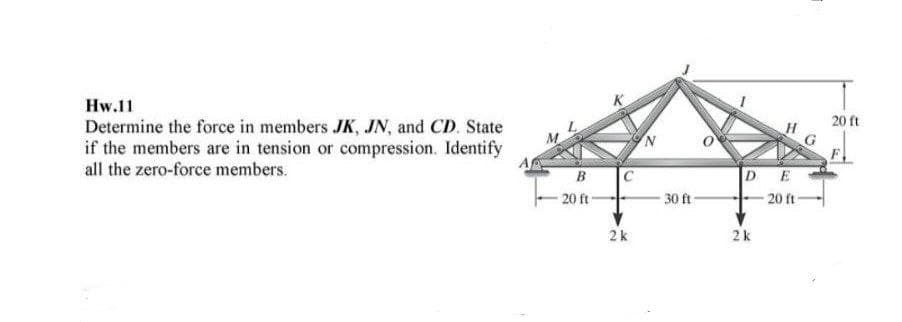 Hw.11
20 ft
Determine the force in members JK, JN, and CD. State
if the members are in tension or compression. Identify
all the zero-force members.
B
DE
20 ft-
30 ft-
20 ft
2k
2k
