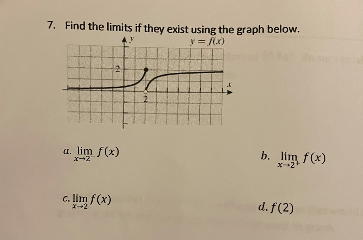 7. Find the limits if they exist using the graph below.
y = f(x)
to ial
2.
a. lim f(x)
b. lim f(x)
x→2+
x→2-
c. lim f(x)
d. f(2)
x→2
