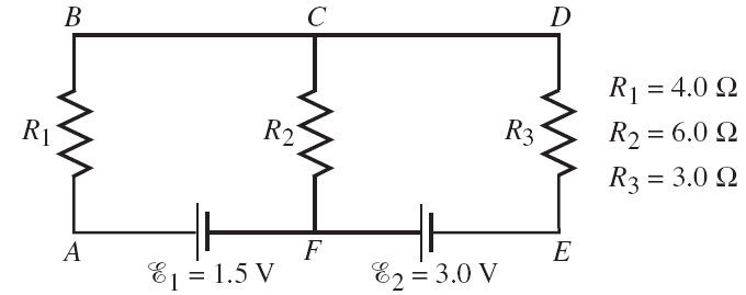 D
C
В
R1 = 4.0 Q
R2
R3
R2 = 6.0 Q
R1
R3 = 3.0 Q
E
F
E2 = 3.0 V
A
E = 1.5 V
