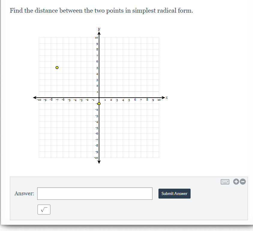 Find the distance between the two points in simplest radical form.
10
8
6.
4
3
-10 -9
-5
-4
-2
1
2
3
4
5
10
-3
-4
-5
-6
-7
-8
-9
-10
Answer:
Submit Answer
co
in
co
