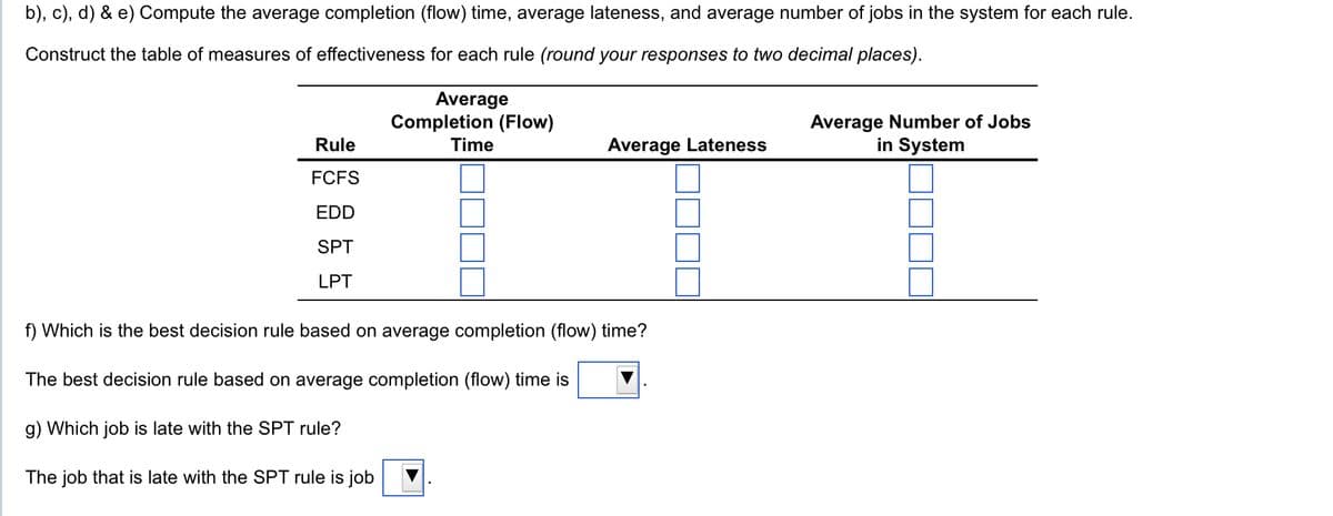 b), c), d) & e) Compute the average completion (flow) time, average lateness, and average number of jobs in the system for each rule.
Construct the table of measures of effectiveness for each rule (round your responses to two decimal places).
Rule
FCFS
EDD
SPT
LPT
Average
Completion (Flow)
Time
Average Lateness
f) Which is the best decision rule based on average completion (flow) time?
The best decision rule based on average completion (flow) time is
g) Which job is late with the SPT rule?
The job that is late with the SPT rule is job
Average Number of Jobs
in System