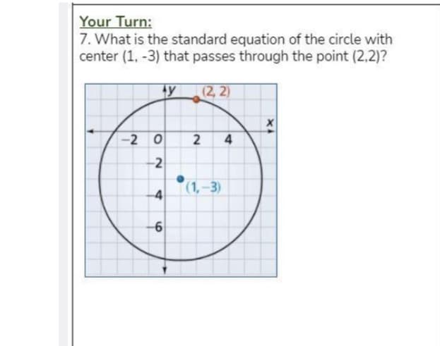 Your Turn:
7. What is the standard equation of the circle with
center (1, -3) that passes through the point (2,2)?
(2, 2)
-2 0
4.
-2
(1,-3)
-6
2.
4)
