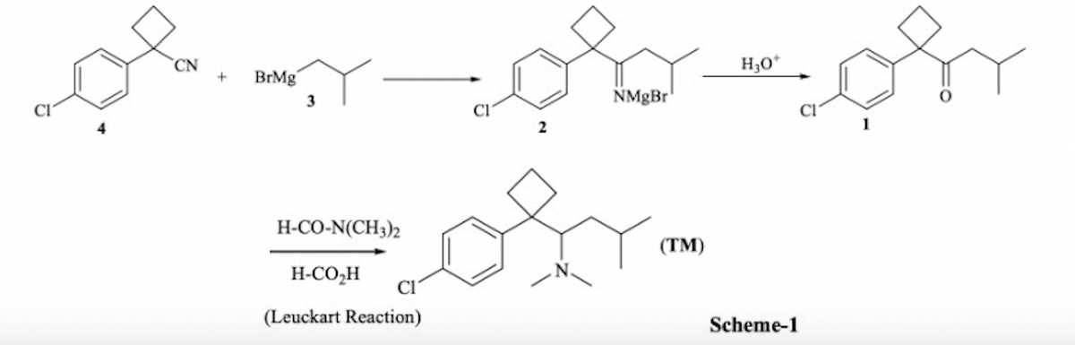 CN
H,0*
BrMg
3
NMgBr
H-CO-N(CH3)2
(TM)
H-CO,H
(Leuckart Reaction)
Scheme-1
