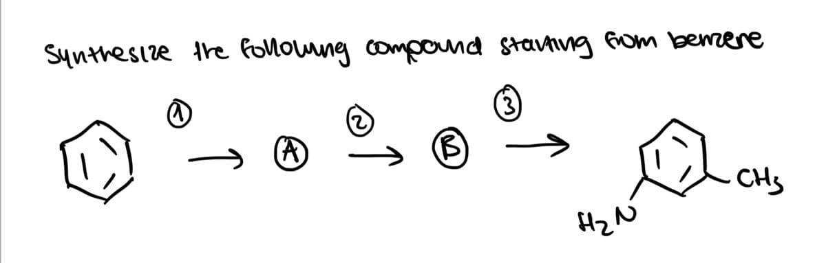 Synthesize the foloung compnd stavting Gom benere
3)
(A)
CHs
HzN
