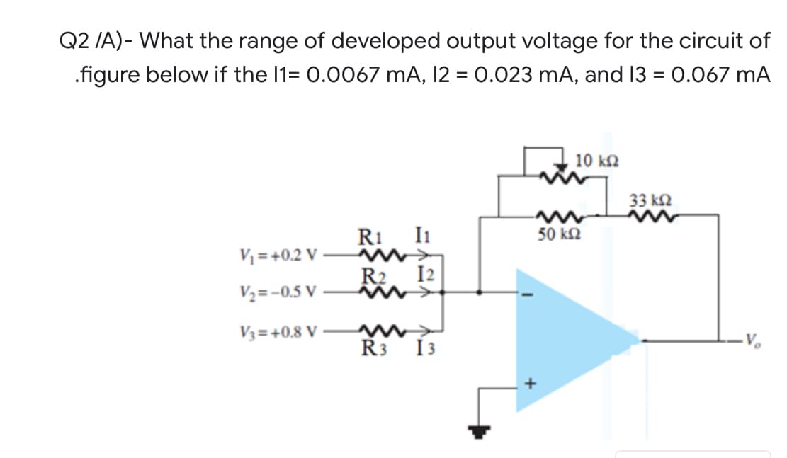 Q2 /A)- What the range of developed output voltage for the circuit of
.figure below if the 1= 0.0067 mA, 12 = 0.023 mA, and 13 = 0.067 mA
%3D
10 k2
33 k2
Ri I1
50 k2
V = +0.2 V
R2 I2
V2=-0.5 V
V3=+0.8 V
R3 13
