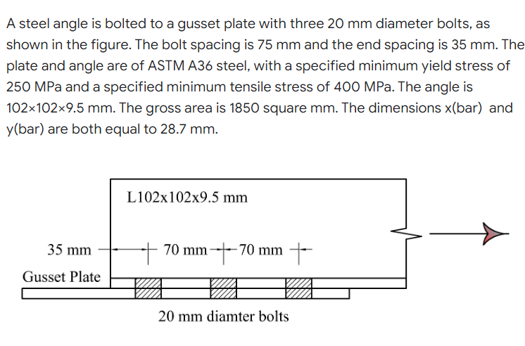 A steel angle is bolted to a gusset plate with three 20 mm diameter bolts, as
shown in the figure. The bolt spacing is 75 mm and the end spacing is 35 mm. The
plate and angle are of ASTM A36 steel, with a specified minimum yield stress of
250 MPa and a specified minimum tensile stress of 400 MPa. The angle is
102x102x9.5 mm. The gross area is 1850 square mm. The dimensions x(bar) and
y(bar) are both equal to 28.7 mm.
L102x102x9.5 mm
35 mm
+ 70 mm.
-70 mm +
Gusset Plate
20 mm diamter bolts
