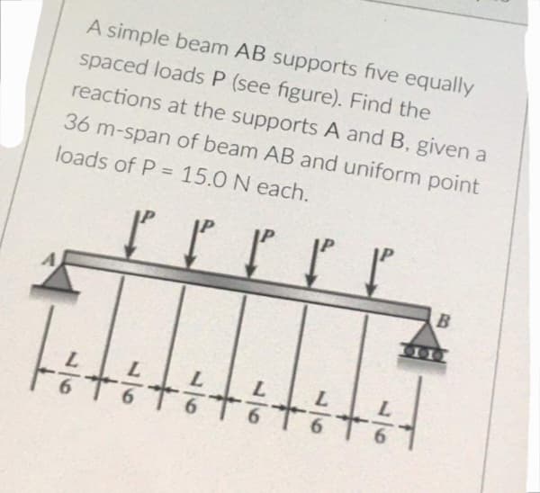 A simple beam AB supports five equally
spaced loads P (see figure). Find the
reactions at the supports A and B, given a
36 m-span of beam AB and uniform point
loads of P = 15.0 N each.
p p p p ľ
B
L