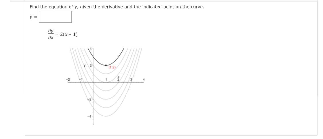 Find the equation of y, given the derivative and the indicated point on the curve.
y =
dy
= 2(x - 1)
dx
y 2
(1,2)
-2
1
3
+2
