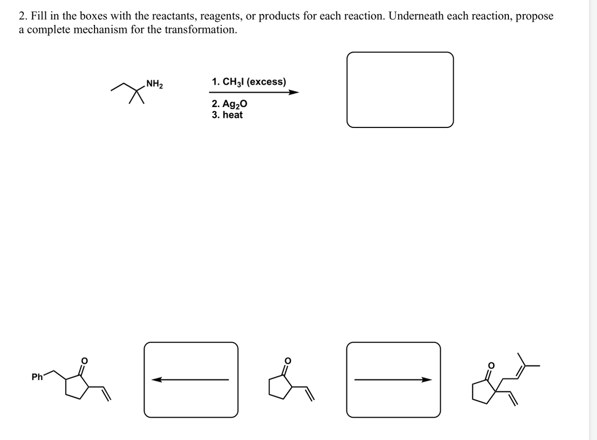 2. Fill in the boxes with the reactants, reagents, or products for each reaction. Underneath each reaction, propose
a complete mechanism for the transformation.
NH2
1. CH31 (excess)
2. Ag20
3. heat
Ph
