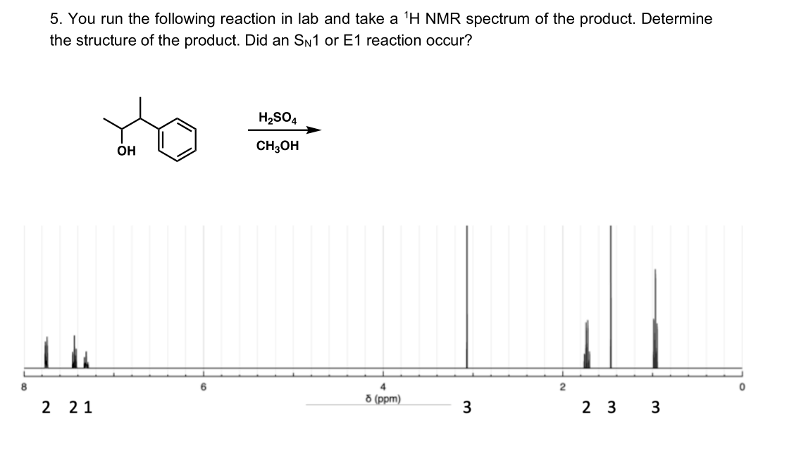 5. You run the following reaction in lab and take a 'H NMR spectrum of the product. Determine
the structure of the product. Did an SN1 or E1 reaction occur?
to
H2SO4
OH
CH;OH
8
4
2
8 (ppm)
2 21
3
2 3 3
