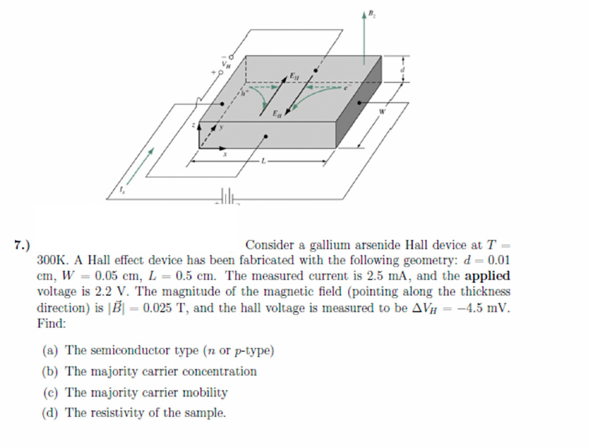 E#
Eu
(.ך
Consider a gallium arsenide Hall device at T =
300K. A Hall effect device has been fabricated with the following geometry: d = 0.01
cm, W = 0.05 cm, L = 0.5 cm. The measured current is 2.5 mA, and the applied
voltage is 2.2 V. The magnitude of the magnetic field (pointing along the thickness
direction) is |B| = 0.025 T, and the hall voltage is measured to be AVH = -4.5 mV.
Find:
(a) The semiconductor type (n or p-type)
(b) The majority carrier concentration
(c) The majority carrier mobility
(d) The resistivity of the sample.
