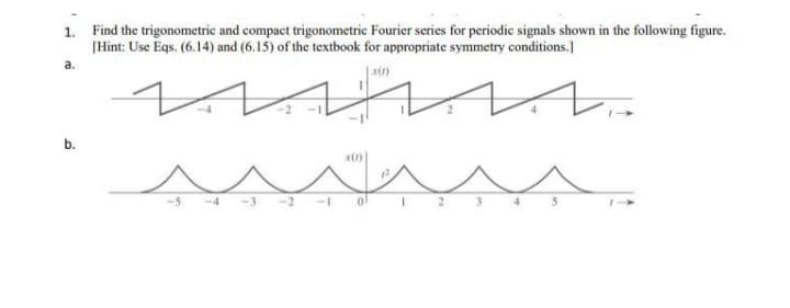1. Find the trigonometric and compact trigonometric Fourier series for periodic signals shown in the following figure.
[Hint: Use Eqs. (6.14) and (6.15) of the textbook for appropriate symmetry conditions.]
x(1)
M
a.
b.
3
5