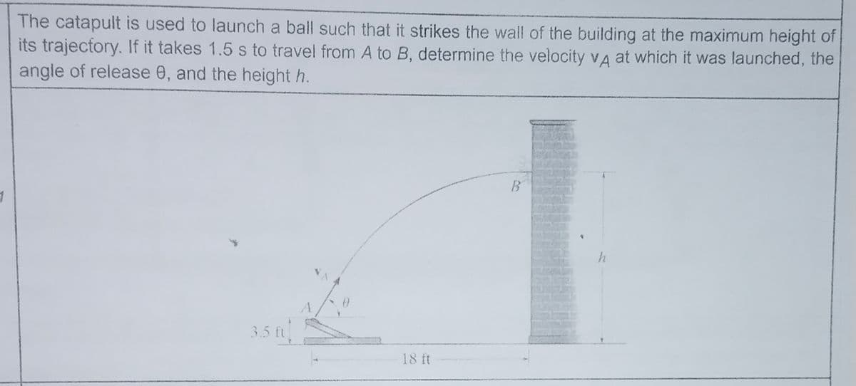 The catapult is used to launch a ball such that it strikes the wall of the building at the maximum height of
its trajectory. If it takes 1.5 s to travel from A to B, determine the velocity Va at which it was launched, the
angle of release 0, and the height h.
3.5 ft
18 ft
